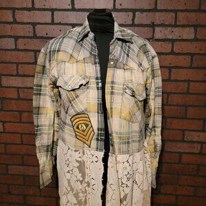 Custom Junk Gypsy Vintage flannel/tablecloth duster.  Snap Front.  Size LG/XL.